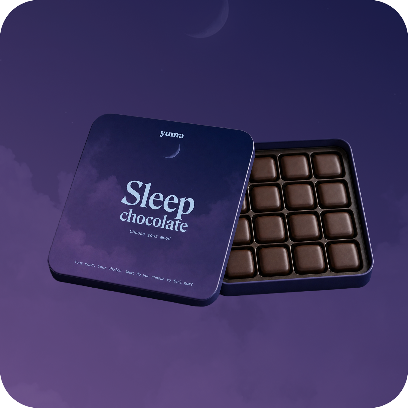 Yuma Sleep chocolate tin, open